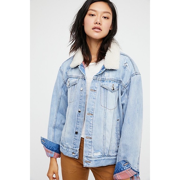 Free People Plaid Lined Sherpa Trucker Jacket